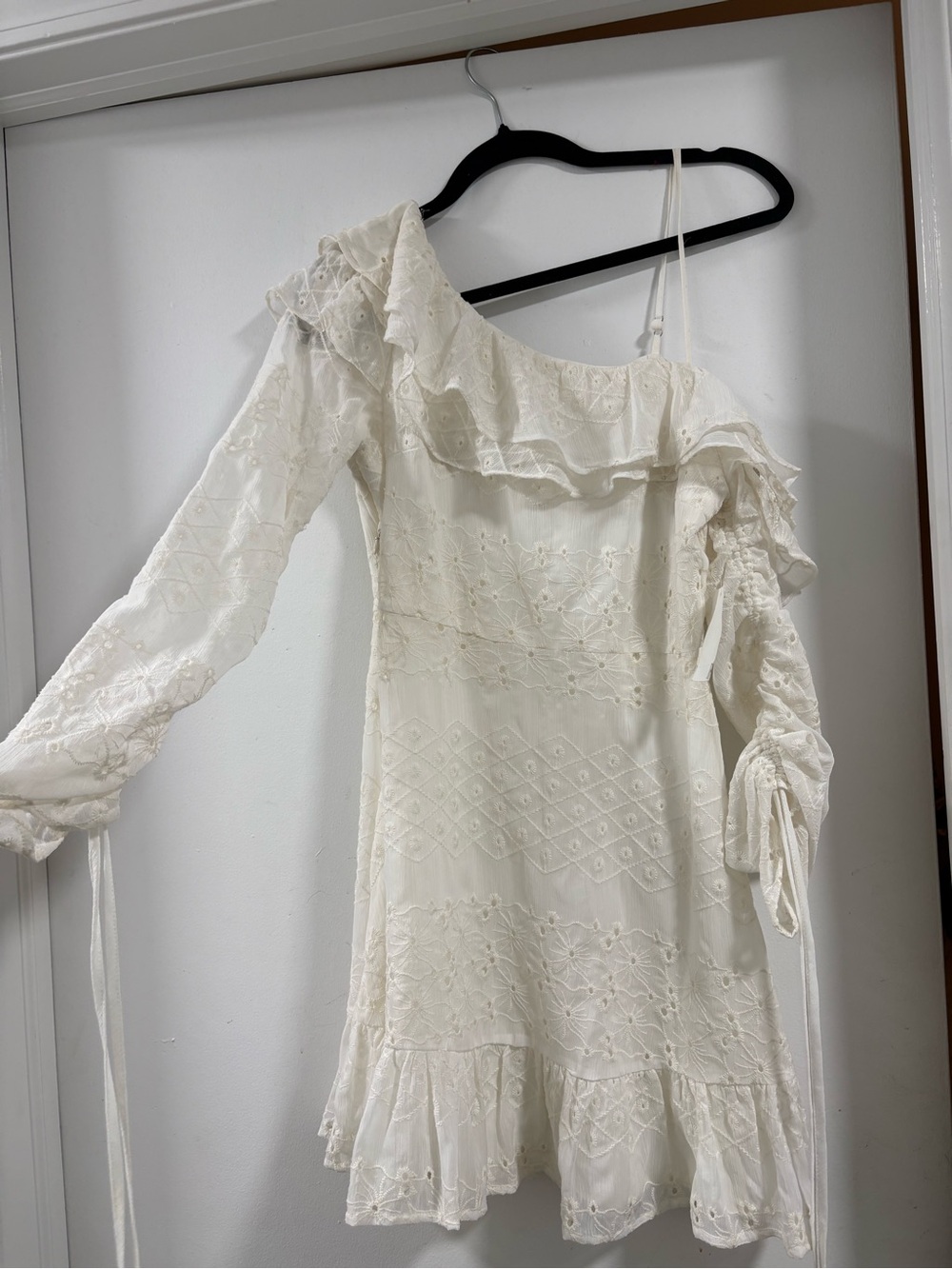 Astr Ivory One-Shoulder Eyelet Ruffle Mini Dress